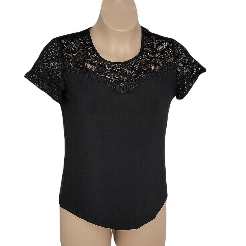 Perception Concept Cute Stretchy Shirt Blouse ~ Sz L ~ Black ~ Short Sleeve